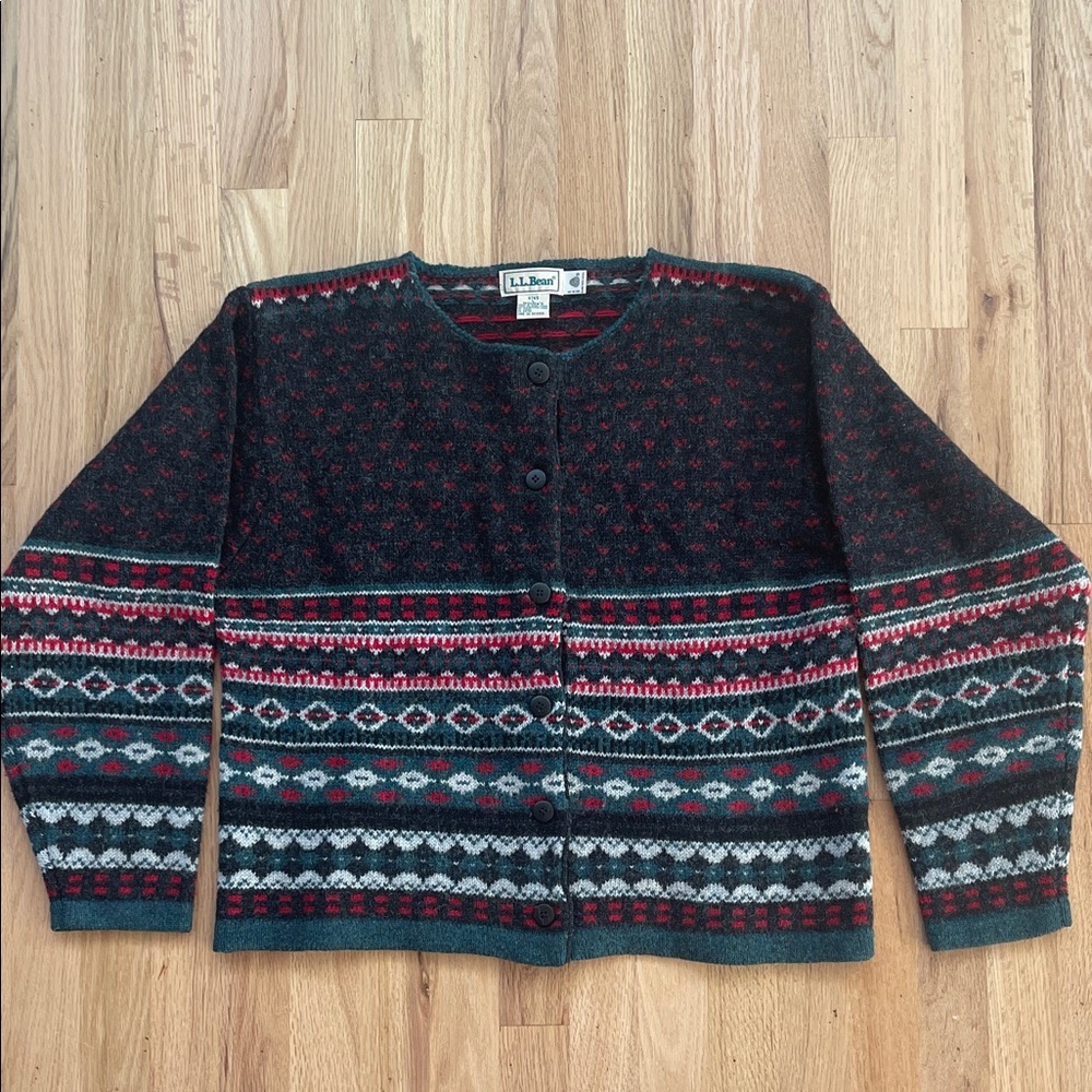 L.L. Bean Women's Black/Red/Green Wool Cardigan- L